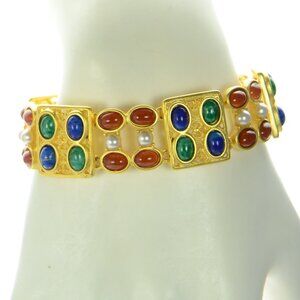 Vintage Kenneth Jay Lane KJL Pearl and Multi-color Oval Cabochon Bracelet